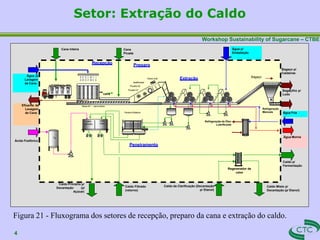 Workshop Sustainability of Sugarcane – CTBE
Setor: Extração do Caldo
Efluente da
Lavagem
de Cana
Caldo da Clarificação (Decantação
p/ Etanol)
Água p/
Embebição
Caldo Primário p/
Decantação (p/
Açúcar)
Ácido Fosfórico
Caldo p/
Fermentação
Extração
Água p/
Lavagem
de Cana
Preparo
Recepção
Bagaçilho p/
Lodo
Eletro-Imã
cana
Picador 01
desfibrador
Picador02
Mesa 45 ° - cana inteira
caldo
primário
caldo
misto
Tq
Cana Inteira
Bagaço
Bagaço p/
Caldeiras
Caldo Misto p/
Decantação (p/ Etanol)
Peneira Rotativa
Caldo Filtrado
(retorno)
Regenerador de
calor
Cana
Picada
Peneiramento
Água Morna
Água Fria
Refrigeração de Óleo
Lubrificante
Refrigeração
Mancais
4
Figura 21 - Fluxograma dos setores de recepção, preparo da cana e extração do caldo.
 