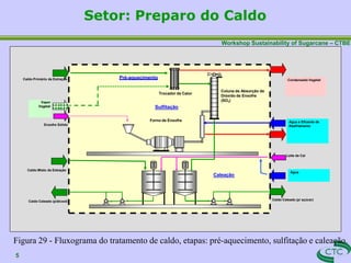Workshop Sustainability of Sugarcane – CTBE
Setor: Preparo do Caldo
Figura 29 - Fluxograma do tratamento de caldo, etapas: pré-aquecimento, sulfitação e caleação.
Água e Efluente de
Resfriamento
Caldo Caleado (p/ açúcar)
Caldo Primário da Extração
Sulfitação
Caleação
Leite de Cal
,
Enxofre Sólido
Vapor
Vegetal
Condensado Vegetal
Pré-aquecimento
Trocador de Calor
Forno de Enxofre
Coluna de Absorção de
Dióxido de Enxofre
(SO2)
Caldo Misto da Extração
Caldo Caleado (p/álcool)
,
Água
5
 
