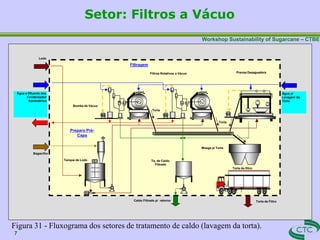 Workshop Sustainability of Sugarcane – CTBE
Setor: Filtros a Vácuo
Caldo Filtrado p/ retorno
Água p/
Lavagem da
Torta
Água e Efluente dos
Condensador
Barométrico
Lodo
Torta de Filtro
Filtragem
Moega p/ Torta
Filtros Rotativos a Vácuo Prensa Desaguadora
Tanque de Lodo
Torta de filtro
Bomba de Vácuo
Torta
Torta
Tq. de Caldo
Filtrado
Figura 31 - Fluxograma dos setores de tratamento de caldo (lavagem da torta).
7
Bagacilho
Preparo Pré-
Capa
 