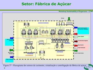 Workshop Sustainability of Sugarcane – CTBE
Setor: Fábrica de Açúcar
Caixa de xarope
Cozimento-Cristalização
Ciclo da Massa A
VC - 03
180 HL
K-06 K-10
VC - 01
400 HL
VC - 06
450 HL
VC - 02
100 HL
VC - 04
100 HL
VC - 05
100 HL
Caixade Magma
Magma p/ Massa
A
Tq.s de xarope
Mel
rico
Mel
pobre
01 02
Mel
Rico
Mel
Pobre
Mel
Rico
Mel
Pobre
Cristalizador
Mel Final p/
Destilaria
Xarope
Vapor Vegetal
Águas Condensadores
Barométricos /Multijatos
Água p/ retardar
cozimento Condensados Vegetais
Água Quente
Vapor de Escape
Açúcar Cristal Úmido
Figura 37 - Fluxograma dos setores de cozimento, cristalização e centrifugação da fábrica de açúcar.
9
Méis
Massa B
Massa A
Água p/ Diluição
Centrifugação
Ciclo da Massa B
Centrifugação
Resfriamento
 