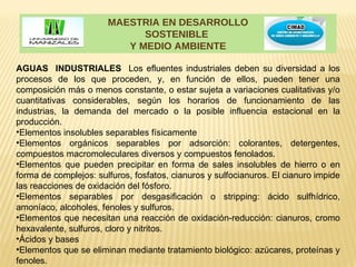 MAESTRIA EN DESARROLLO
                             SOSTENIBLE
                          Y MEDIO AMBIENTE

AGUAS INDUSTRIALES Los efluentes industriales deben su diversidad a los
procesos de los que proceden, y, en función de ellos, pueden tener una
composición más o menos constante, o estar sujeta a variaciones cualitativas y/o
cuantitativas considerables, según los horarios de funcionamiento de las
industrias, la demanda del mercado o la posible influencia estacional en la
producción.
•Elementos insolubles separables físicamente
•Elementos orgánicos separables por adsorción: colorantes, detergentes,
compuestos macromoleculares diversos y compuestos fenolados.
•Elementos que pueden precipitar en forma de sales insolubles de hierro o en
forma de complejos: sulfuros, fosfatos, cianuros y sulfocianuros. El cianuro impide
las reacciones de oxidación del fósforo.
•Elementos separables por desgasificación o stripping: ácido sulfhídrico,
amoníaco, alcoholes, fenoles y sulfuros.
•Elementos que necesitan una reacción de oxidación-reducción: cianuros, cromo
hexavalente, sulfuros, cloro y nitritos.
•Ácidos y bases
•Elementos que se eliminan mediante tratamiento biológico: azúcares, proteínas y
fenoles.
 
