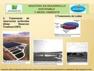 MAESTRIA EN DESARROLLO
                                                  SOSTENIBLE
                                               Y MEDIO AMBIENTE
                                                                                      3 Tratamiento de Lodos
   2.   Tratamiento   de
   reservorios profundos
   (Deep        Reservoir
   Treatment-DRT)




Lawrence E., 2004 An appraisal of residual waters in Israel as an agricultural resource: guidelines to be considered for water management in Perú
 