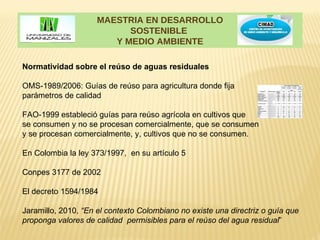 MAESTRIA EN DESARROLLO
                           SOSTENIBLE
                        Y MEDIO AMBIENTE

Normatividad sobre el reúso de aguas residuales

OMS-1989/2006: Guías de reúso para agricultura donde fija
parámetros de calidad

FAO-1999 estableció guías para reúso agrícola en cultivos que
se consumen y no se procesan comercialmente, que se consumen
y se procesan comercialmente, y, cultivos que no se consumen.

En Colombia la ley 373/1997, en su artículo 5

Conpes 3177 de 2002

El decreto 1594/1984

Jaramillo, 2010, “En el contexto Colombiano no existe una directriz o guía que
proponga valores de calidad permisibles para el reúso del agua residual”
 