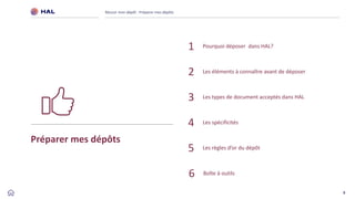 8
Préparer mes dépôts
Réussir mon dépôt : Préparer mes dépôts
1 Pourquoi déposer dans HAL?
2 Les éléments à connaître avant de déposer
3 Les types de document acceptés dans HAL
Les spécificités
4
Les règles d’or du dépôt
5
Boîte à outils
6
 