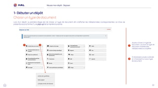 22
Réussirmon dépôt : Déposer
1- Débuterun dépôt
Choisir un type de document
1
2
Je peux choisir un type de
document. Le choix du type de
document modifiera les
métadonnées à compléter
Si nécessaire, je peux préciser
en choisissant un sous-type
de document
Lors d’un dépôt, la première étape est de choisir un type de document afin d’afficher les métadonnées correspondantes. Le choix se
présente sous la forme d’ une pop-up de la manière suivante :
1 2
 