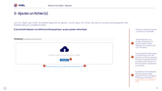 24
Réussirmon dépôt : Déposer
2- Ajouterun fichier(s)
1
2
Je peux ajouter un ou
plusieurs fichiers par la
fonctionnalité ‘Glisser-
Déposer’ ou en parcourant
mon ordinateur.
Il est possible de télécharger
un fichier depuis une URL.
Attention, le site sur lequel le
fichier est récupéré doit être
en accès ouvert. De plus, le
lien doit pointer directement
sur le fichier.
1
2
Si la taille du fichier dépasse
200 Mo, je peux utiliser
l’espace FTP pour charger le
fichier dans l’interface. [J’en
apprends plus sur l’espace
FTP]
3
3
Lors d’un dépôt avec fichier, la première étape est de l’ajouter. Lors de l'ajout d'un fichier, HAL peut en extraire automatiquement des
métadonnées pour compléter le dépôt.
Si je souhaite déposer une référence bibliographique , je peux passer cette étape. Plusieurs manières d’ajouter
un fichier sont possibles :
 