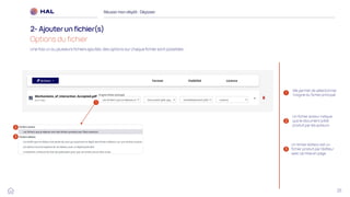 25
Réussirmon dépôt : Déposer
2- Ajouterun fichier(s)
Options du fichier
1
2
3
2
3
Me permet de sélectionner
l’origine du fichier principal
Un fichier auteur indique
que le document a été
produit par les auteurs
Un fichier éditeur est un
fichier produit par l’éditeur
avec sa mise en page
Une fois un ou plusieurs fichiers ajoutés, des options sur chaque fichier sont possibles :
1
 