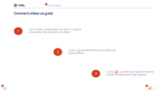 2
Titre du chapitre
Commentutiliserce guide
1
2 3
1
Les en-têtes correspondent au titre du chapitre
et permettent de retourner à son début
2
L’icone permet de retourner au début de
guide pratique.
3
L’icone permet d’avoir des informations
complémentaires à la fin des chapitres
 