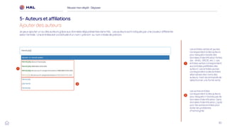 30
Réussirmon dépôt : Déposer
5- Auteurs et affiliations
1
Les entrées vertes et jaunes
correspondent à des auteurs
pour lesquels il existe des
données d’identification fortes
(ex : IdHAL, ORCID, etc.). Les
entrées vertes correspondent
aux entrées préférées des
auteurs. Les entrées jaunes
correspondent à des entrées
alternatives des noms des
auteurs. Il est recommandé de
sélectionner une forme verte.
2
Les autres entrées
correspondent à des auteurs
pour lesquels il n’existe pas de
données d’identification. Sans
données d’identification, j’opte
pour les autres entrées pour
éviter les problèmes
d’homonymie.
Je peux ajouter un ou des auteurs grâce aux données déjà présentes dans HAL. Les auteurs sont indiqués par une couleur différente
selon l’entrée. Une entrées est constituée d’un nom / prénom ou nom initiale de prénom.
Ajouter des auteurs
1
2
 