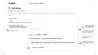 44
Réussirmon dépôt : Déposer
10- Validation
Déposer avec fichier
1
1
2
Lors d’un dépôt avec fichier je
peux demander le transfert du
dépôt sur l’archive ouverte
Arxiv ( archive pour les
domaines des mathématiques,
de l’informatique et de la
physique). Certaines
conditions sont nécessaires.
Par exemple, un des domaines
choisi doit être un sous
domaine d’Àrxiv
2
S’il s’agit d’un dépôt avec
fichier, je dois accepter les
conditions pour pouvoir valider
mon dépôt
La dernière étape du formulaire de dépôt est la validation. Elle permet de vérifier que toutes les informations obligatoires ont bien été
saisies.
 
