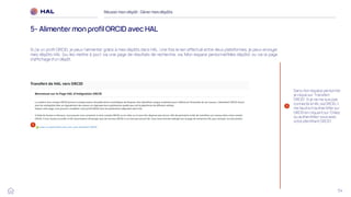 54
Si j’ai un profil ORCID, je peux l’alimenter grâce à mes dépôts dans HAL. Une fois le lien effectué entre deux plateformes, je peux envoyer
mes dépôts HAL (ou les mettre à jour) via une page de résultats de recherche, via ‘Mon espace personnel/Mes dépôts’ ou via la page
d’affichage d’un dépôt.
Réussirmon dépôt : Gérermes dépôts
5- Alimentermon profilORCID avec HAL
1
Dans mon espace personnel,
je clique sur ‘Transfert
ORCID’. Si je ne me suis pas
connecté à HAL via ORCID, il
me faudra m’authentifier sur
ORCID en cliquant sur ‘Créez
ou authentifiez-vous avec
votre identifiant ORCID’
1
 