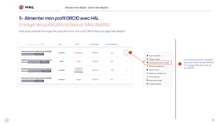 56
Réussirmon dépôt : Gérermes dépôts
5- Alimentermon profilORCID avec HAL
Envoyer les publications depuis ‘Mes dépôts’
1
1
Il est aussi possible d’envoyer les publications sur mon profil ORCID depuis la page ‘Mes dépôts’
Un nouveau bouton apparaît
dans les outils me permettant
d’ ‘Envoyer des documents
sur ORCID’
 