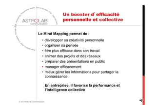 Un booster d’efficacité
                                     personnelle et collective


                  Le Mind Mapping permet de :
                     •  développer sa créativité personnelle
                     •  organiser sa pensée
                     •  être plus efficace dans son travail
                     •  animer des projets et des réseaux
                     •  préparer des présentations en public
                     •  manager efficacement
                     •  mieux gérer les informations pour partager la
                        connaissance

                           En entreprise, il favorise la performance et
                           l'intelligence collective




                                                                          4
© ASTROLAB Communication
 