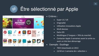 76
Ressources
1. Neoreach  (RP)  
2. Buzzsumo  (RP)  
3. Mailchimp  (emailing)  
4. bit.ly/reviewsitesios  (liste  de  blogs  -­‐  US)  
5. Placeit.com  (screenshots  -­‐  mises  en  situaGon)  
 