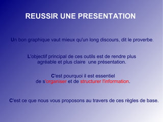 REUSSIR UNE PRESENTATION


Un bon graphique vaut mieux qu'un long discours, dit le proverbe.


        L'objectif principal de ces outils est de rendre plus
            agréable et plus claire une présentation.

                   C'est pourquoi il est essentiel
            de s'organiser et de structurer l'information.


C'est ce que nous vous proposons au travers de ces règles de base.
 