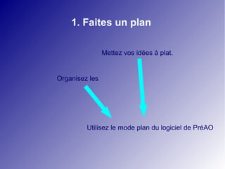 1. Faites un plan

                Mettez vos idées à plat.


Organisez les




         Utilisez le mode plan du logiciel de PréAO
 