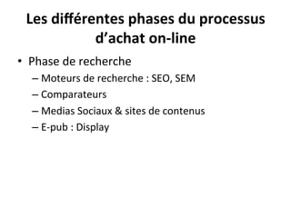 Les	
  diﬀérentes	
  phases	
  du	
  processus	
  
               d’achat	
  on-­‐line	
  
•  Phase	
  de	
  recherche	
  
   –  Moteurs	
  de	
  recherche	
  :	
  SEO,	
  SEM	
  
   –  Comparateurs	
  
   –  Medias	
  Sociaux	
  &	
  sites	
  de	
  contenus	
  
   –  E-­‐pub	
  :	
  Display	
  
 