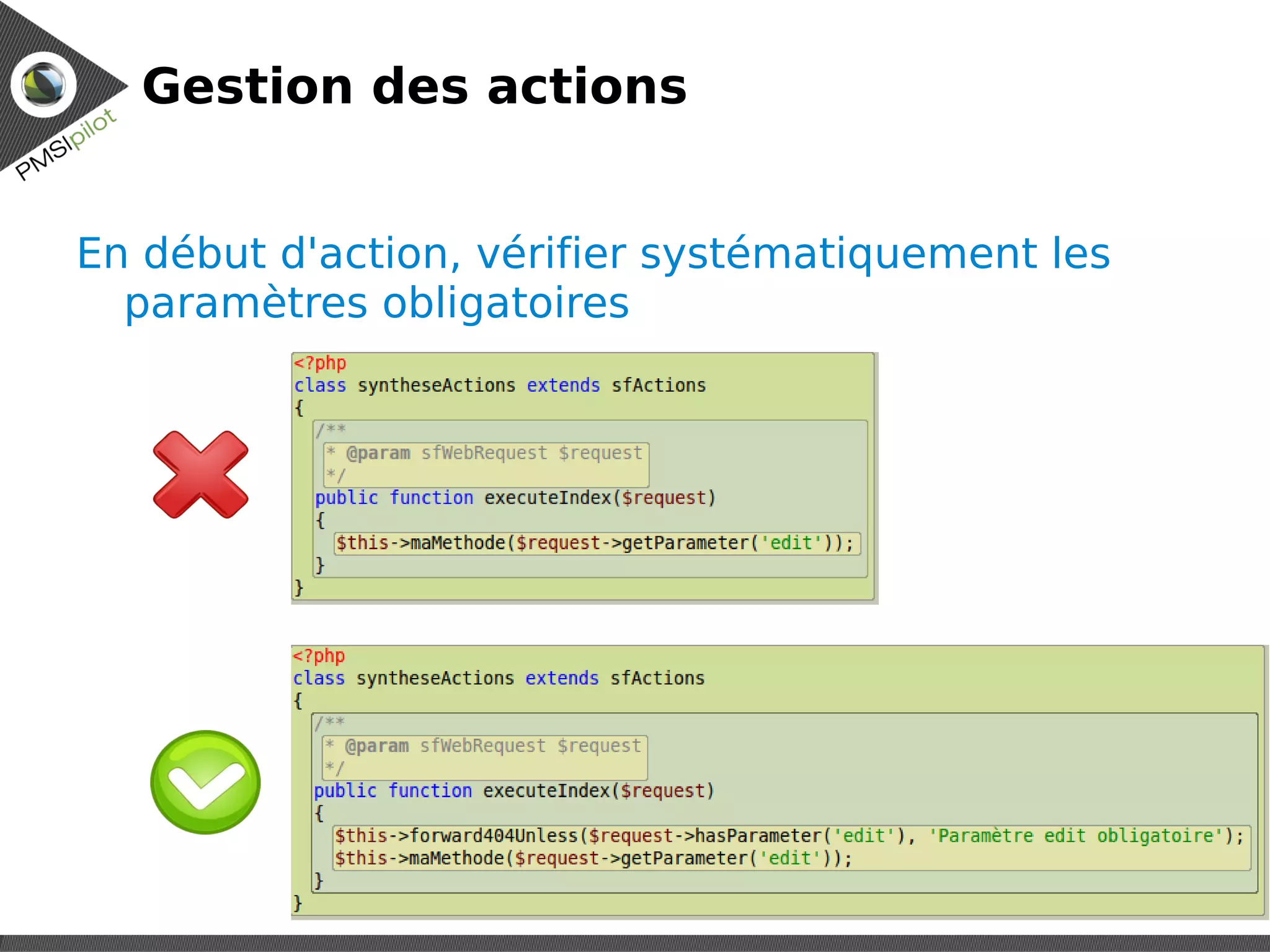 Gestion des actions


En début d'action, vérifier systématiquement les
  paramètres obligatoires




                                          Réunion technique
                                                    01/15/10
                                                          11
 