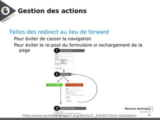 Gestion des actions


Faites des redirect au lieu de forward
 Pour éviter de casser la navigation
 Pour éviter le re-post du formulaire si rechargement de la
   page




                                                            Réunion technique
                                                                      01/15/10
    http://www.symfony-project.org/forms/1_2/fr/02-Form-Validation          12
 