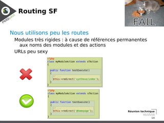 Routing SF


Nous utilisons peu les routes
 Modules très rigides : à cause de références permanentes
   aux noms des modules et des actions
 URLs peu sexy




                                                Réunion technique
                                                          01/15/10
                                                                14
 