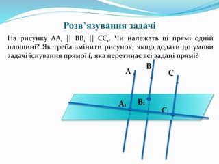 Розв’язування задачі
На рисунку AA1 || BB1 || CC1. Чи належать цi прямi однiй
площинi? Як треба змiнити рисунок, якщо додати до умови
задачi iснування прямої l, яка перетинає всi заданi прямi?
А
А1
В
С
В1
С1
 
