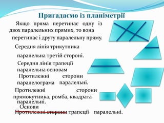Пригадаємо із планіметрії
Якщо пряма перетинає одну із
двох паралельних прямих, то вона
перетинає і другу паралельну пряму.
Середня лінія трикутника
паралельна основам
паралельна третій стороні.
Середня лінія трапеції
Протилежні сторони
паралелограма паралельні.
Протилежні сторони
прямокутника, ромба, квадрата
Протилежні сторони трапеції
паралельні.
паралельні.
Основи
 