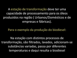 A estação de transformação deve ter uma
   capacidade de processamento para os óleos
 produzidos na região ( Urbanos/Domésticos e de
              empresas e fábricas).

    Para o exemplo da produção do biodiesel:

       Na estação com distintos processos de
transformação, são filtrados, lavados, adicionam-se
     substâncias variadas, passa por diferentes
      temperaturas e daqui resulta o biodiesel
 