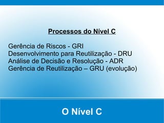 O Nível C
Processos do Nível C
Gerência de Riscos - GRI
Desenvolvimento para Reutilização - DRU
Análise de Decisão e Resolução - ADR
Gerência de Reutilização – GRU (evolução)
 