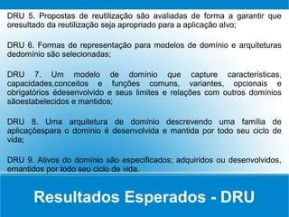 Resultados Esperados - DRU
DRU 5. Propostas de reutilização são avaliadas de forma a garantir que
oresultado da reutilização seja apropriado para a aplicação alvo;
DRU 6. Formas de representação para modelos de domínio e arquiteturas
dedomínio são selecionadas;
DRU 7. Um modelo de domínio que capture características,
capacidades,conceitos e funções comuns, variantes, opcionais e
obrigatórios édesenvolvido e seus limites e relações com outros domínios
sãoestabelecidos e mantidos;
DRU 8. Uma arquitetura de domínio descrevendo uma família de
aplicaçõespara o domínio é desenvolvida e mantida por todo seu ciclo de
vida;
DRU 9. Ativos do domínio são especificados; adquiridos ou desenvolvidos,
emantidos por todo seu ciclo de vida.
 