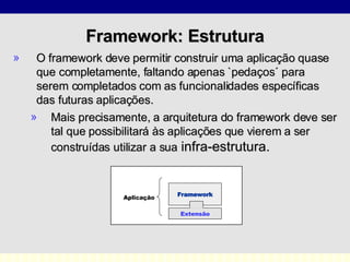 Framework:  Estrutura O framework deve permitir construir uma aplicação quase que completamente, faltando apenas `pedaços´ para serem completados com as funcionalidades específicas das futuras aplicações. Mais precisamente, a arquitetura do framework deve ser tal que possibilitará às aplicações que vierem a ser construídas utilizar a sua  infra-estrutura.  Framework Extensão Aplicação 