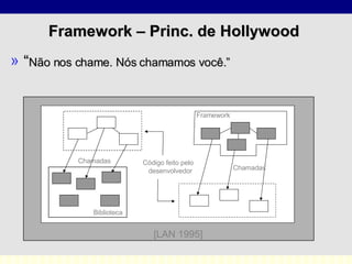 Framework – Princ. de Hollywood “ Não nos chame. Nós chamamos você.” [LAN 1995] Framework Biblioteca Código feito pelo  desenvolvedor Chamadas Chamadas 