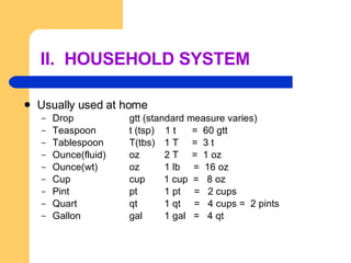 II.  HOUSEHOLD SYSTEM Usually used at home Drop gtt (standard measure varies) Teaspoon  t (tsp)  1 t  =  60 gtt Tablespoon  T(tbs)  1 T  =  3 t Ounce(fluid)  oz  2 T  =  1 oz  Ounce(wt) oz  1 lb  =  16 oz Cup  cup  1 cup  =  8 oz Pint  pt  1 pt  =  2 cups Quart  qt  1 qt  =  4 cups =  2 pints Gallon  gal 1 gal  =  4 qt 