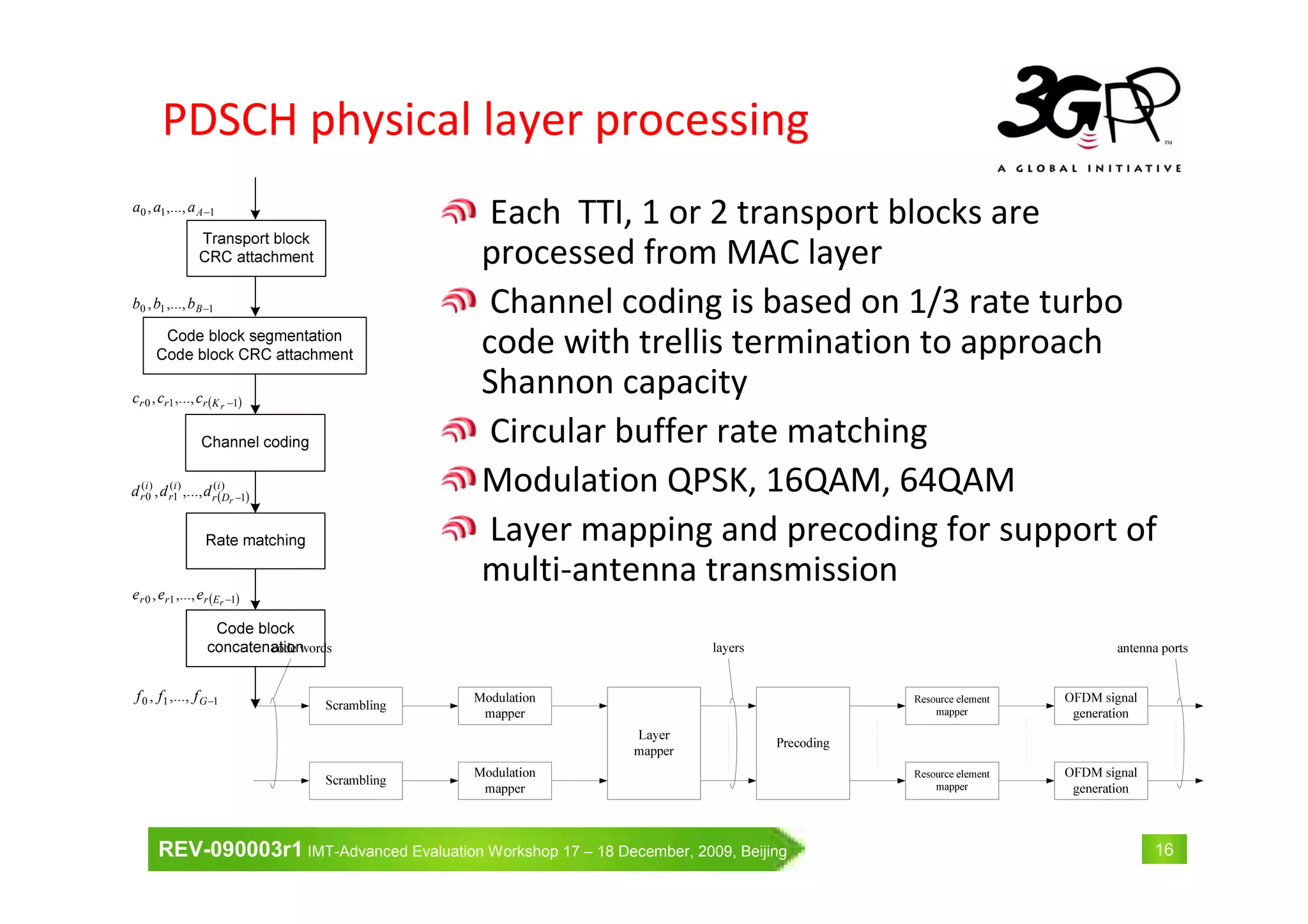 REV-090003r1 IMT-Advanced Evaluation Workshop 17 – 18 December, 2009, Beijing 16
PDSCH physical layer processing
Each TTI, 1 or 2 transport blocks are
processed from MAC layer
Channel coding is based on 1/3 rate turbo
code with trellis termination to approach
Shannon capacity
Circular buffer rate matching
Modulation QPSK, 16QAM, 64QAM
Layer mapping and precoding for support of
multi-antenna transmission
110 ,...,, −Aaaa
110 ,...,, −Bbbb
( )110 ,...,, −rKrrr ccc
( )
)(
1
)(
1
)(
0 ,...,, i
Dr
i
r
i
r r
ddd −
( )110 ,...,, −rErrr eee
110 ,...,, −Gfff
 