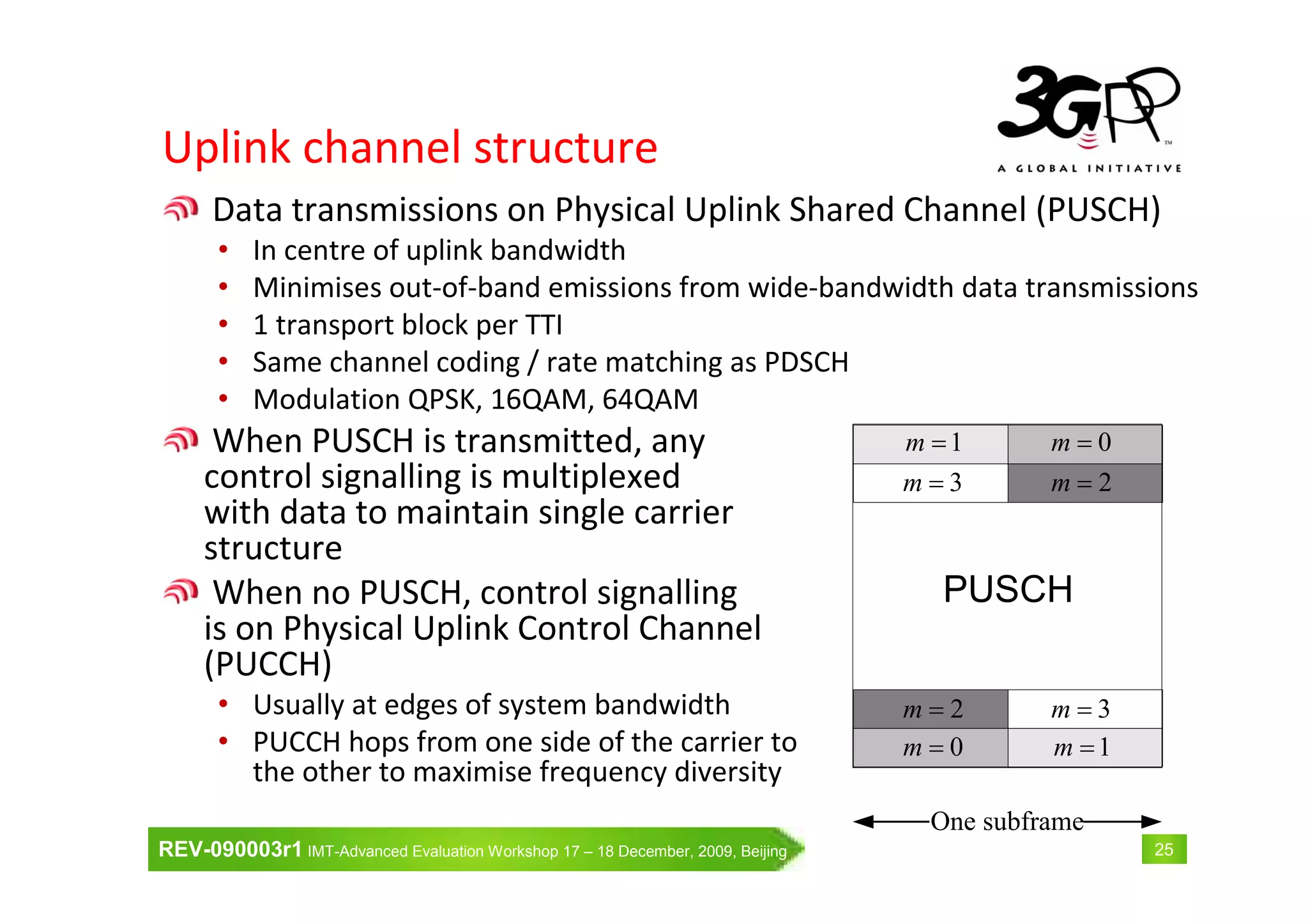REV-090003r1 IMT-Advanced Evaluation Workshop 17 – 18 December, 2009, Beijing 25
Uplink channel structure
0=m
0=m1=m
1=m
2=m
2=m3=m
3=m
One subframe
0PRB =n
1UL
RBPRB −= Nn
PUSCH
Data transmissions on Physical Uplink Shared Channel (PUSCH)
• In centre of uplink bandwidth
• Minimises out-of-band emissions from wide-bandwidth data transmissions
• 1 transport block per TTI
• Same channel coding / rate matching as PDSCH
• Modulation QPSK, 16QAM, 64QAM
When PUSCH is transmitted, any
control signalling is multiplexed
with data to maintain single carrier
structure
When no PUSCH, control signalling
is on Physical Uplink Control Channel
(PUCCH)
• Usually at edges of system bandwidth
• PUCCH hops from one side of the carrier to
the other to maximise frequency diversity
 