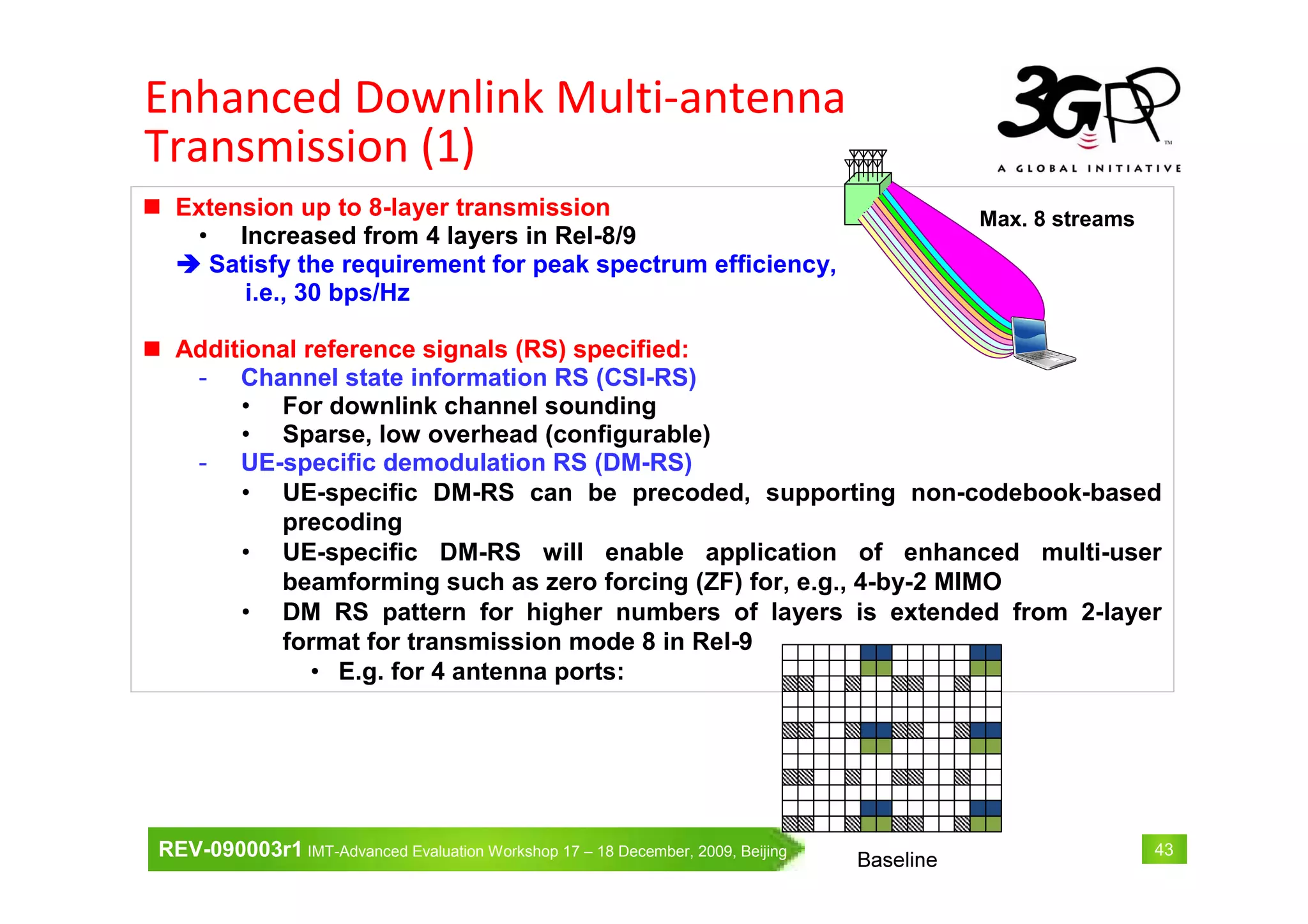 REV-090003r1 IMT-Advanced Evaluation Workshop 17 – 18 December, 2009, Beijing 43
Extension up to 8-layer transmission
• Increased from 4 layers in Rel-8/9
Satisfy the requirement for peak spectrum efficiency,
i.e., 30 bps/Hz
Additional reference signals (RS) specified:
- Channel state information RS (CSI-RS)
• For downlink channel sounding
• Sparse, low overhead (configurable)
- UE-specific demodulation RS (DM-RS)
• UE-specific DM-RS can be precoded, supporting non-codebook-based
precoding
• UE-specific DM-RS will enable application of enhanced multi-user
beamforming such as zero forcing (ZF) for, e.g., 4-by-2 MIMO
• DM RS pattern for higher numbers of layers is extended from 2-layer
format for transmission mode 8 in Rel-9
• E.g. for 4 antenna ports:
Max. 8 streams
Enhanced Downlink Multi-antenna
Transmission (1)
 