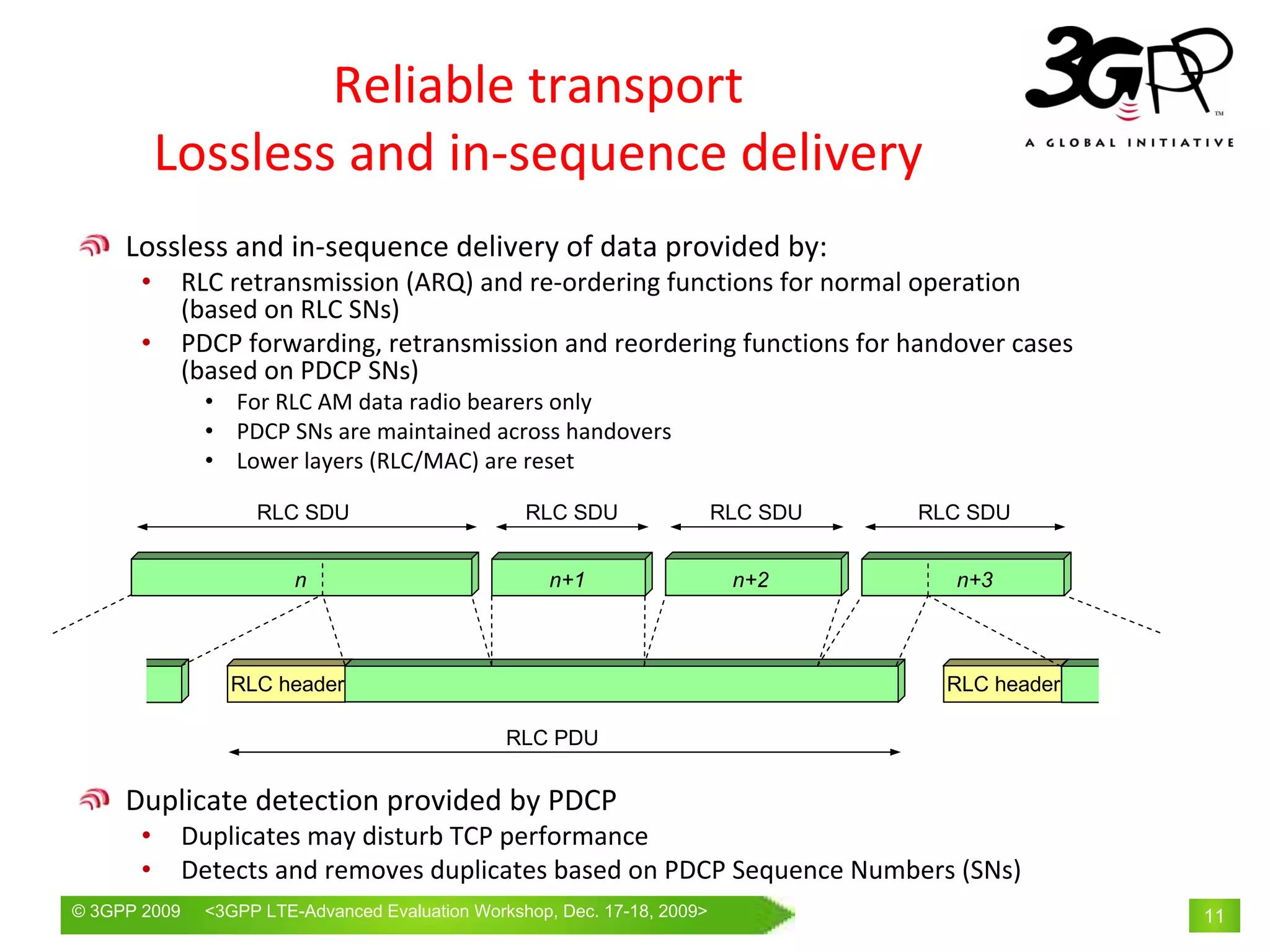 Reliable transport
           Lossless and in‐sequence delivery
     Lossless and in‐sequence delivery of data provided by:
       •      RLC retransmission (ARQ) and re‐ordering functions for normal operation 
              (based on RLC SNs)
       •      PDCP forwarding, retransmission and reordering functions for handover cases 
              (based on PDCP SNs)
                • For RLC AM data radio bearers only
                • PDCP SNs are maintained across handovers
                • Lower layers (RLC/MAC) are reset

                     RLC SDU                       RLC SDU                 RLC SDU   RLC SDU


                          n                           n+1                   n+2        n+3



                  RLC header                                                           RLC header

                                                 RLC PDU


     Duplicate detection provided by PDCP
       •      Duplicates may disturb TCP performance
       •      Detects and removes duplicates based on PDCP Sequence Numbers (SNs)
© 3GPP 2009     <3GPPWorld Congress, Barcelona, 19th February 2009 2009>
                Mobile LTE-Advanced Evaluation Workshop, Dec. 17-18,                                11
 
