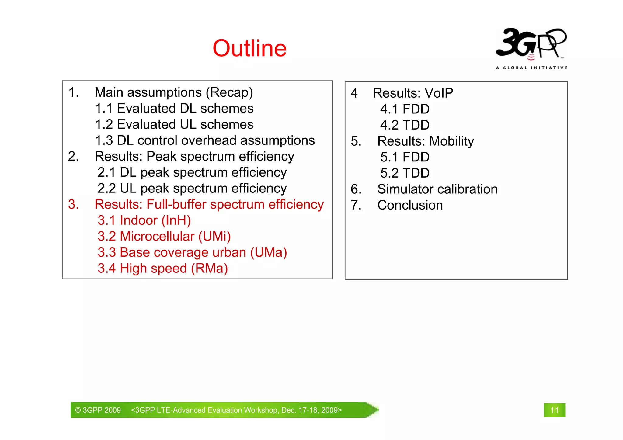Outline
1.   Main assumptions (Recap)                                           4  Results: VoIP
     1.1 Evaluated DL schemes                                               4.1 FDD
     1.2 Evaluated UL schemes                                               4.2 TDD
     1.3 DL control overhead assumptions                                5. Results: Mobility
2.   Results: Peak spectrum efficiency                                      5.1 FDD
     2.1 DL peak spectrum efficiency                                        5.2 TDD
     2.2 UL peak spectrum efficiency                                    6. Simulator calibration
3.   Results: Full-buffer spectrum efficiency                           7. Conclusion
     3.1 Indoor (InH)
     3.2 Microcellular (UMi)
     3.3 Base coverage urban (UMa)
     3.4 High speed (RMa)




 © 3GPP 2009                                     th
 © 3GPP 2009   <3GPPWorld Congress, Barcelona, 19 February 2009 2009>
               Mobile LTE-Advanced Evaluation Workshop, Dec. 17-18,                                11
 