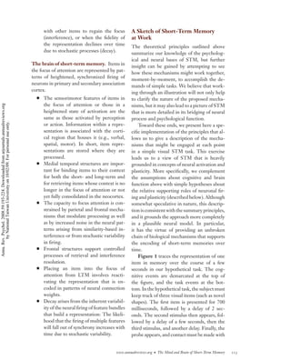 with other items to regain the focus         A Sketch of Short-Term Memory
                                                                                         (interference), or when the ﬁdelity of       at Work
                                                                                         the representation declines over time
                                                                                                                                      The theoretical principles outlined above
                                                                                         due to stochastic processes (decay).
                                                                                                                                      summarize our knowledge of the psycholog-
                                                                                                                                      ical and neural bases of STM, but further
                                                                                    The brain of short-term memory. Items in
                                                                                                                                      insight can be gained by attempting to see
                                                                                    the focus of attention are represented by pat-
                                                                                                                                      how these mechanisms might work together,
                                                                                    terns of heightened, synchronized ﬁring of
                                                                                                                                      moment-by-moment, to accomplish the de-
                                                                                    neurons in primary and secondary association
                                                                                                                                      mands of simple tasks. We believe that work-
                                                                                    cortex.
                                                                                                                                      ing through an illustration will not only help
                                                                                         The sensorimotor features of items in        to clarify the nature of the proposed mecha-
                                                                                         the focus of attention or those in a         nisms, but it may also lead to a picture of STM
Annu. Rev. Psychol. 2008.59:193-224. Downloaded from arjournals.annualreviews.org




                                                                                         heightened state of activation are the       that is more detailed in its bridging of neural
                                                                                         same as those activated by perception        process and psychological function.
        by National Taiwan University on 10/02/09. For personal use only.




                                                                                         or action. Information within a repre-           Toward these ends, we present here a spe-
                                                                                         sentation is associated with the corti-      ciﬁc implementation of the principles that al-
                                                                                         cal region that houses it (e.g., verbal,     lows us to give a description of the mecha-
                                                                                         spatial, motor). In short, item repre-       nisms that might be engaged at each point
                                                                                         sentations are stored where they are         in a simple visual STM task. This exercise
                                                                                         processed.                                   leads us to a view of STM that is heavily
                                                                                         Medial temporal structures are impor-        grounded in concepts of neural activation and
                                                                                         tant for binding items to their context      plasticity. More speciﬁcally, we complement
                                                                                         for both the short- and long-term and        the assumptions about cognitive and brain
                                                                                         for retrieving items whose context is no     function above with simple hypotheses about
                                                                                         longer in the focus of attention or not      the relative supporting roles of neuronal ﬁr-
                                                                                         yet fully consolidated in the neocortex.     ing and plasticity (described below). Although
                                                                                         The capacity to focus attention is con-      somewhat speculative in nature, this descrip-
                                                                                         strained by parietal and frontal mecha-      tion is consistent with the summary principles,
                                                                                         nisms that modulate processing as well       and it grounds the approach more completely
                                                                                         as by increased noise in the neural pat-     in a plausible neural model. In particular,
                                                                                         terns arising from similarity-based in-      it has the virtue of providing an unbroken
                                                                                         terference or from stochastic variability    chain of biological mechanisms that supports
                                                                                         in ﬁring.                                    the encoding of short-term memories over
                                                                                         Frontal structures support controlled        time.
                                                                                         processes of retrieval and interference          Figure 1 traces the representation of one
                                                                                         resolution.                                  item in memory over the course of a few
                                                                                         Placing an item into the focus of            seconds in our hypothetical task. The cog-
                                                                                         attention from LTM involves reacti-          nitive events are demarcated at the top of
                                                                                         vating the representation that is en-        the ﬁgure, and the task events at the bot-
                                                                                         coded in patterns of neural connection       tom. In the hypothetical task, the subject must
                                                                                         weights.                                     keep track of three visual items (such as novel
                                                                                         Decay arises from the inherent variabil-     shapes). The ﬁrst item is presented for 700
                                                                                         ity of the neural ﬁring of feature bundles   milliseconds, followed by a delay of 2 sec-
                                                                                         that build a representation: The likeli-     onds. The second stimulus then appears, fol-
                                                                                         hood that the ﬁring of multiple features     lowed by a delay of a few seconds, then the
                                                                                         will fall out of synchrony increases with    third stimulus, and another delay. Finally, the
                                                                                         time due to stochastic variability.          probe appears, and contact must be made with


                                                                                                                              www.annualreviews.org • The Mind and Brain of Short-Term Memory   213
 