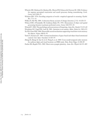 Wheeler ME, Shulman GL, Buckner RL, Miezin FM, Velanova K, Petersen SE. 2006. Evidence
                                                                                              for separate perceptual reactivation and search processes during remembering. Cereb.
                                                                                              Cortex 16(7):949–59
                                                                                          Wickens DD. 1970. Encoding categories of words—empirical approach to meaning. Psychol.
                                                                                              Rev. 77:1–15
                                                                                          Wilken P, Ma WJ. 2004. A detection theory account of change detection. J. Vis. 4:1120–35
                                                                                          Wilson FAW, O’Scalaidhe SP, Goldman-Rakic PS. 1993. Dissociation of object and spatial
                                                                                              processing domains in primate prefrontal cortex. Science 260:1955–58
                                                                                          Wixted JT. 2004. The psychology and neuroscience of forgetting. Annu. Rev. Psychol. 55:235–69
                                                                                          Woodman GF, Vogel EK, Luck SJ. 2001. Attention is not unitary. Behav. Brain Sci. 24(1):153
                                                                                          Xu YD, Chun MM. 2006. Dissociable neural mechanisms supporting visual short-term memory
                                                                                              for objects. Nature 440:91–95
Annu. Rev. Psychol. 2008.59:193-224. Downloaded from arjournals.annualreviews.org




                                                                                          Yantis S, Serences JT. 2003. Cortical mechanisms of space-based and object-based attentional
                                                                                              control. Curr. Opin. Neurobiol. 13:187–93
                                                                                          Zhang D, Zhang X, Sun X, Li Z, Wang Z, et al. 2004. Cross-modal temporal order memory
        by National Taiwan University on 10/02/09. For personal use only.




                                                                                              for auditory digits and visual locations: an fMRI study. Hum. Brain Mapp. 22:280–89
                                                                                          Zucker RS, Regehr WG. 2002. Short-term synaptic plasticity. Annu. Rev. Physiol. 64:355–405




                                                                                    224   Jonides et al.
 