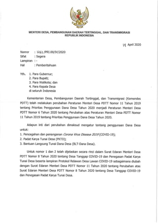 Rev 1261-mendespdtt-pemberitahuan perubahan permendespdtt nomor 11 tahun 2019 menjadi permendespdtt nomor 6 tahun 2020