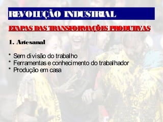 REVOLUÇÃO INDUSTRIAL
ETAPAS DAS TRANSFORMAÇÕES PRODUTIVASETAPAS DAS TRANSFORMAÇÕES PRODUTIVAS
1. Artesanal
* Sem divisão do trabalho
* Ferramentaseconhecimento do trabalhador
* Produção em casa
 