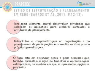 PRAPETEC 
ESTILO DE AÇÃO CONCRETA E PRODUÇÃO EM REDE (BARROS ET AL, 2011, P.12-13): 
Temcomoelementocentralutilizaroespaço...