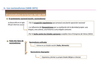 6.- Los nacionalismos (1848-1871)
El nacionalismo en la Europa del siglo XIX
El sentimiento nacional (nación, nacionalismo)
se desarrolló en el siglo
XIX por diversas causas
- Por la ocupación napoleónica que provocó una fuerte oposición nacional
- La influencia del Romanticismo por su exaltación de la identidad propia: una
lengua, una cultura, una historia o una religión comunes
-Por la lucha contra los Estados opresores surgidos tras el Congreso de Viena (1815)
Hubo dos tipos de
nacionalismos
Nacionalismo disgregador
Nacionalismo unificador
- Unirse en un Estado-nación (Italia, Alemania)
- Separarse y formar su propio Estado (Bélgica o Grecia)- Separarse y formar su propio Estado (Bélgica o Grecia)
 