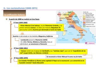 6.- Los nacionalismos (1848-1871)
La unificación italiana
A partir de 1848 se realizó en tres fases
1ª fase (1849-1860)
- Víctor Manuel II de Saboya, rey de Piamonte-Cerdeña, y su
primer ministro Cavour, se alían con Francia (Napoleón III)
para luchar contra Austria que dominaba el norte de Italia
Austria es derrotada en las batallas Magenta y Solferino
Ampliación
- Lombardía pasará a Piamonte (1859)
- En 1860, Parma, Módena y Romaña, tras un
referéndum, se anexionan a Piamonte
2ª fase (1860-1861)
- Cavour contó con el apoyo de Garibaldi y sus “camisas rojas”, que con la “expedición de los
mil” ocupó Sicilia, Las Marcas y Umbría
Se reconoció a Víctor Manuel II como rey de Italia
3ª fase (1865-1870)
Los Estados Pontificios (y Roma como capital) El Papa no lo reconocerá y se convertirá en la
“cuestión romana” hasta Mussolini
 