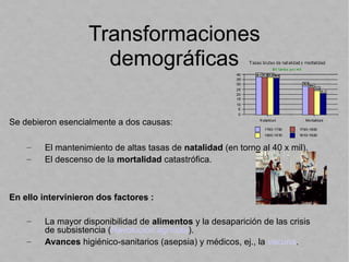 Transformaciones
demográficas
Se debieron esencialmente a dos causas:
– El mantenimiento de altas tasas de natalidad (en torno al 40 x mil).
– El descenso de la mortalidad catastrófica.
                                                                                
En ello intervinieron dos factores :
– La mayor disponibilidad de alimentos y la desaparición de las crisis
de subsistencia (Revolución agrícola).
– Avances higiénico-sanitarios (asepsia) y médicos, ej., la vacuna.
 