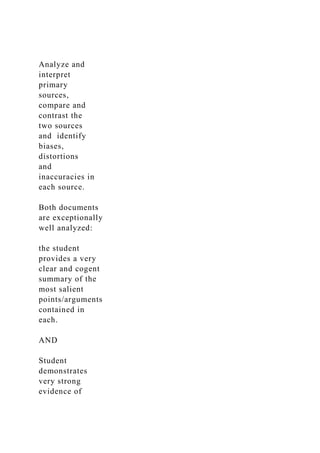 Analyze and
interpret
primary
sources,
compare and
contrast the
two sources
and identify
biases,
distortions
and
inaccuracies in
each source.
Both documents
are exceptionally
well analyzed:
the student
provides a very
clear and cogent
summary of the
most salient
points/arguments
contained in
each.
AND
Student
demonstrates
very strong
evidence of
 