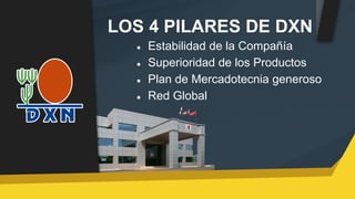 LOS 4 PILARES DE DXN
Estabilidad de la Compañía
Superioridad de los Productos
Plan de Mercadotecnia generoso
Red Global
 