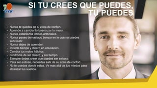 SI TU CREES QUE PUEDES,
TU PUEDES
• Nunca te quedes en tu zona de confort.
• Aprende a cambiar lo bueno por lo mejor.
• Nunca establezca límites artificiales.
• Nunca pases demasiado tiempo en lo que no puedes
sobresalir.
• Nunca dejes de aprender.
• Invierte tiempo y dinero en educación.
• Cambia tus malos hábitos.
• Síndrome de sin dinero y sin tiempo.
• Siempre debes creer que puedes ser exitoso.
• Para ser exitoso, necesitas salir de su zona de confort.
• No te quedes donde estas. Ve mas allá de tus miedos para
alcanzar tus sueños.
 