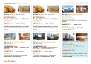 Si desea más información llámenos al 901 888 050                                                            Revista Inmobiliaria Levante. Diciembre 2012




Alicante. Rojales.	 (Ref.: 015/2439).              Alicante. Rojales.	 (Ref.: 015/2439).              Alicante. San Miguel de Salinas.	
Datos del inmueble.                                Datos del inmueble.                                (Ref.: 015/0027).
Tipo de inmueble: Piso.                            Tipo de inmueble: Piso.                            Datos del inmueble.
Dirección: Cl Rojaleros Ausentes, 14 Bajo Pta 14   Dirección: Cl Rojaleros Ausentes, 14 Bajo Pta 14   Tipo de inmueble: Chalet.
Res la Torre III .                                 Res la Torre III .                                 Dirección: Cl Almoradí 12 Vivienda unifamiliar
Características.                                   Características.                                   adosada.
Superficie: 50 m2 	     Precio: 110.000 €          Superficie: 50 m2 	    Precio: 110.000 €           Características.
                                                                                                      Superficie: 85 m2 	    Precio: 60.000 €
Descripción.                                       Descripción.
Pareado distribuido en dos plantas, con garaje y   Pareado distribuido en dos plantas, con garaje y   Descripción.
terraza inferior de 40 m2, en urbanización con     terraza inferior de 40 m2, en urbanización con     Vivienda en planta baja que dispone de 2
piscina.                                           piscina.                                           dormitorios y 1 baño.




Alicante. San Miguel de Salinas.	                  Alicante. San Vicente del Raspeig.	                 Alicante. Santa Pola. (Ref.: 018/1539).
(Ref.: 015/1411).                                  (Ref.: 013/1325).                                   Datos del inmueble.
Datos del inmueble.                                Datos del inmueble.                                 Tipo de inmueble: Piso.
Tipo de inmueble: Chalet.                          Tipo de inmueble: Chalet.                           Dirección: Cl Victoria, 54. Edificio Florian.
Dirección: Cl Vega Baja 6 1º 2 Residencial Costa   Dirección: Cl Colonia Santa Isabel s/n Bloque U     Características.
Paraíso III.                                       Portal 55 2ª A Residencial San Antonio.             Superficie: desde 62 m2
Características.                                   Características.                                    Precio: desde 80.000 €
Superficie: 75 m2 	     Precio: 65.000 €           Superficie: 90 m2 	    Precio: 85.000 €             Descripción.
Descripción.                                       Descripción.                                        Viviendas nuevas en edificio céntrico en Santa
Apartamento en urbanización con piscina y          Vivienda de 2 dormitorios y 2 baños, piscina        Pola, buenas calidades y cocina equipada. Con
zonas comunes. Bien conservado.                    comunitaria. Se vende con garaje aparte.            trastero y terraza.



                                                                         Volver al índice
                                                                                                                                                       14
 