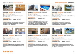 Si desea más información llámenos al 901 888 050                                                            Revista Inmobiliaria Levante. Diciembre 2012




Alicante. Teulada. (Ref.: 013/1413).               Alicante. Torrevieja. (Ref.: 014/1224).            Alicante. Torrevieja. (Ref.: 014/1224).
Datos del inmueble.                                Datos del inmueble.                                Datos del inmueble.
Tipo de inmueble: Chalet.                          Tipo de inmueble: Piso.                            Tipo de inmueble: Piso.
Dirección: Cl de Alcolecha, 33 Urbanización        Dirección: Cl Marejada 6, Bajo E, Edificio Dama.   Dirección: Urbanización Jardín del Mar V, Fase 3
Verde Pino 49.                                                                                        nº 202 Planta Alta.
                                                   Características.
Características.                                   Superficie: 39 m2 	    Precio: 55.000 €            Características.
Superficie: 144 m2 	    Precio: 197.000 €                                                             Superficie: 54 m2 	   Precio: 65.000 €
                                                   Descripción.
Descripción.                                       Edificio en urbanización nueva frente al mar       Descripción.
Chalet unifamiliar que dispone de 3 dormitorios    y cerca del centro de Torrevieja. Cuenta con       Apartamento en edificio de dos alturas,
y 2 baños. La parcela tiene 805 m2 y piscina.      zonas verdes y piscina. Dispone de 1 baño y 1      con solárium de 30 m. Dispone de piscina
Situado a 7 Km. de la playa.                       dormitorio. Posibilidad de garaje aparte.          comunitaria, zona ajardinada.




Alicante. Torrevieja. (Ref.: 015/1167).            Alicante. Torrevieja. (Ref.: 107/1070).            Alicante. Torrevieja. (Ref.: 015/1533).
Datos del inmueble.                                Datos del inmueble.                                Datos del inmueble.
Tipo de inmueble: Piso.                            Tipo de inmueble: Piso.                            Tipo de inmueble: Chalet.
Dirección: Cl María Parodi nº 9 2º B.              Dirección: Cl San Emigdio, 27-Ático-5 Puerta 10.   Dirección: Urbanización Miramar Vivienda 44.
Características.                                   Características.                                   Características.
Superficie: 142 m2 	    Precio: 110.000 €          Superficie: 41 m2 	    Precio: 50.000 €            Superficie: 48 m2 	   Precio: 70.000 €
Descripción.                                       Descripción.                                       Descripción.
Inmueble para vivienda u oficina, bien situada.    Apartamento en zona céntrica de Torrevieja,        Apartamento en urbanización en Zona de Los
A 200 m del mar. Dispone de 4 dormitorios y 1      con todos los servicios. Dispone de 1 baño y 1     Altos. Cuenta con zonas verdes y piscina. Dispone
baño.                                              dormitorio.                                        de 1 baño y 1 dormitorio.



                                                                         Volver al índice
                                                                                                                                                     15
 